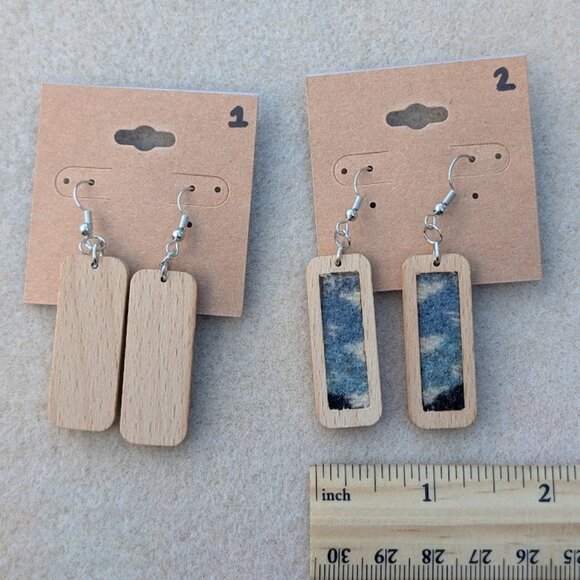 Blue Native Wool Wooden Rectangle Dangle Earrings - Picture 4 of 5